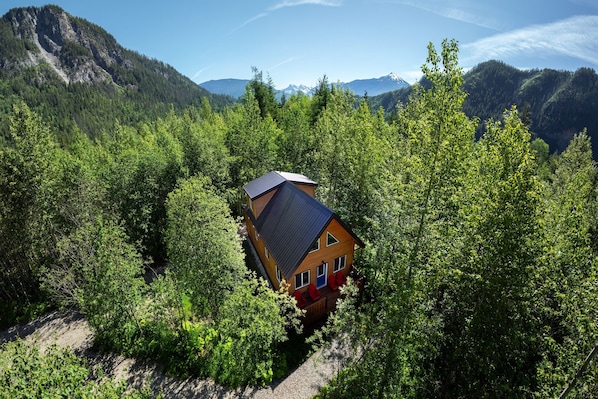 Akira Lodge surrounded by lush landscapes and mountain views. Revelstoke Mountain Resort can be seen in the background.