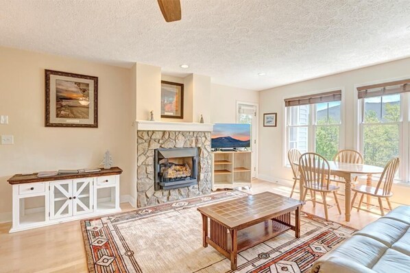 Living Room--- Cozy Fireplace, TV, Mountain View 