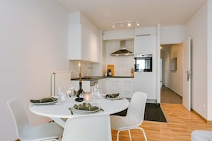 The dining room is a spacious and modern room which has a fully equipped kitchen.