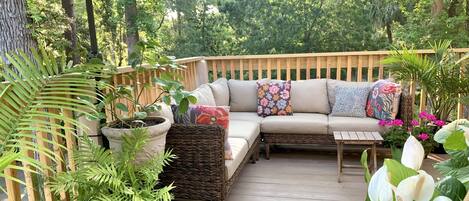 Outdoor living room as you access our Treetop Villa!