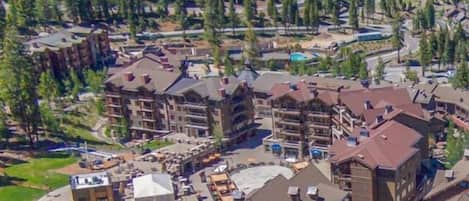 Aerial view of Northstar Village, condo building and proximity to gondola and chairlift.