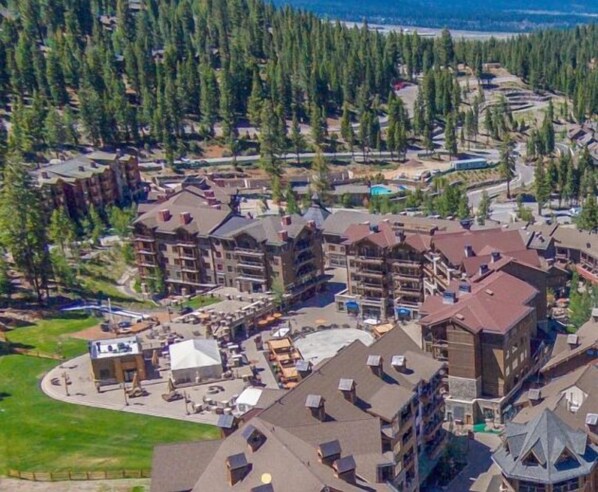 Aerial view of Northstar Village, condo building and proximity to gondola and chairlift.