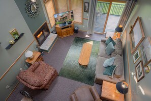 View of main living area from the entry-level balcony. 