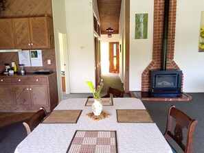 Dining table and gas fireplace