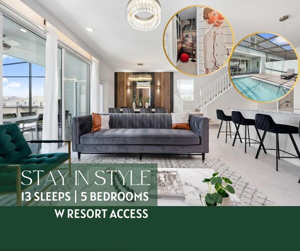 Stay in style at our townhome with a private pool, outdoor dining space, multiple themed room and full resort access. And all close to Disney!