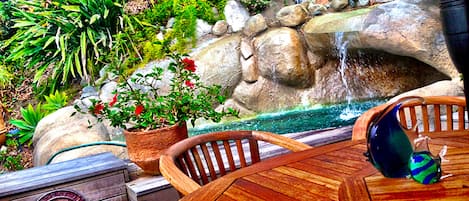 Back yard with BBQ and 600 gallon waterfall rock jacuzzi 