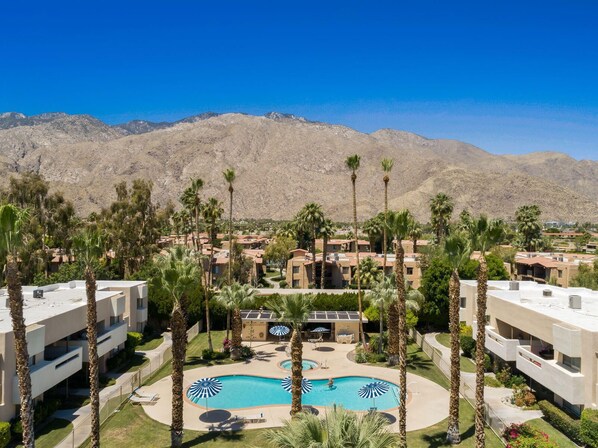 Aerial view of property and pool