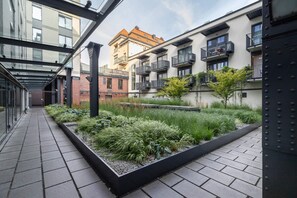 A beautifully landscaped courtyard surrounded by modern architecture, creating a peaceful outdoor retreat.
