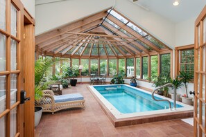 7 x 14 indoor heated pool. Only 4' deep but very relaxing