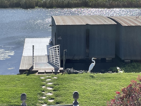 Walk across our grass levee to our private dock.