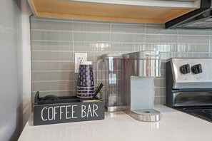 CoffeeBar with Keurig and pods (now also with a classic Mr. Coffee pot, sugar, and creamer)