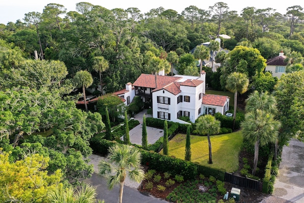 Aerial view of this gorgeous, historic cottage and the stunning grounds