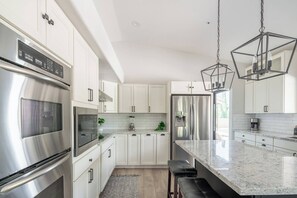 Side view of stainless steel appliances