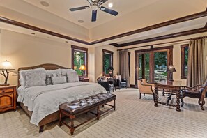 Vacation Rentals in Park City at White Pine 129: Primary bedroom with King bed, ensuite bathroom, and office area