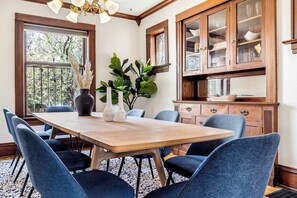 The dining table seats 10
