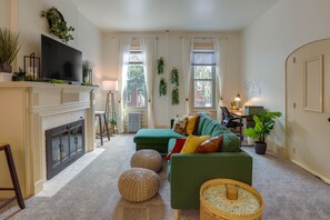 Living Room | Smart TV | Portable A/C Unit | Central Heat | Laptop-Friendly Desk