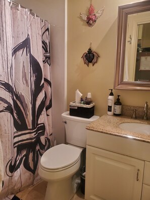 Modern, beautifully decorated and well-stocked bathroom.  