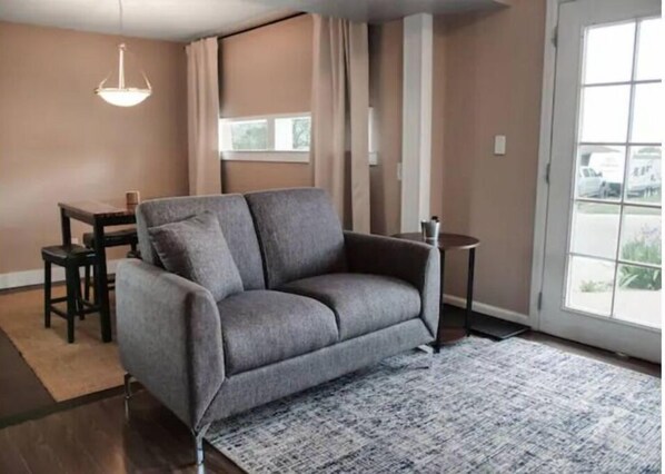 Open floor living and dining room.
