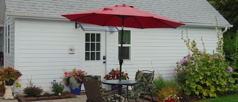 Cabin entrance and patio.