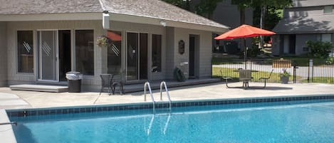 The pool is literally across the walkway