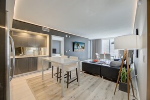 Incredible Living Room with Integrated Modern Kitchen