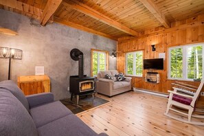 Living room with wood fireplace