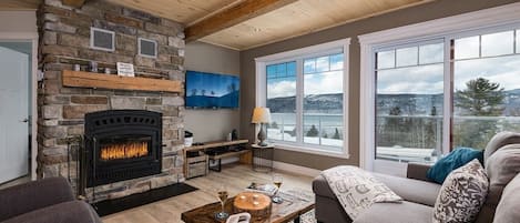 Living room with wood fireplace