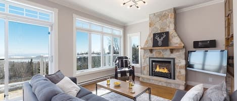 Living room with view and gas fireplace