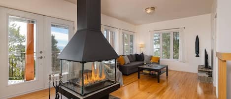 Living room with wood fireplace