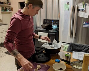 Our kitchen is vintage but has everything you need to cook up a great meal