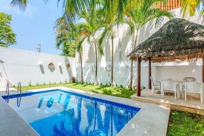 The pool and dining palapa area are shared by 4 apartments 