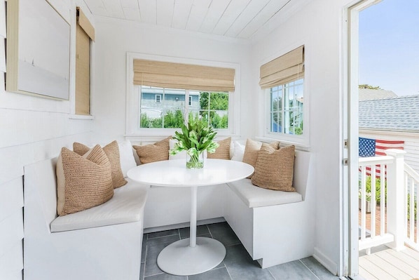 Enjoy banquet dining adjacent to the kitchen, while savoring the gentle breezes and soothing sounds emanating from the nearby Seabright Beach.