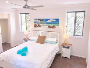 Master bedroom with new luxury memory foam mattress and high thread count sheets. Walk in robe, plus additional wardrobe and direct access to luxe private ensuite.
