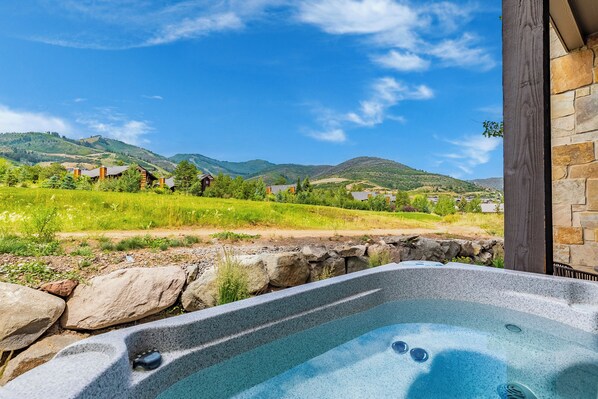 Mountain views from your private hot tub on the patio.