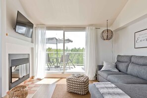 Living room and wood fireplace