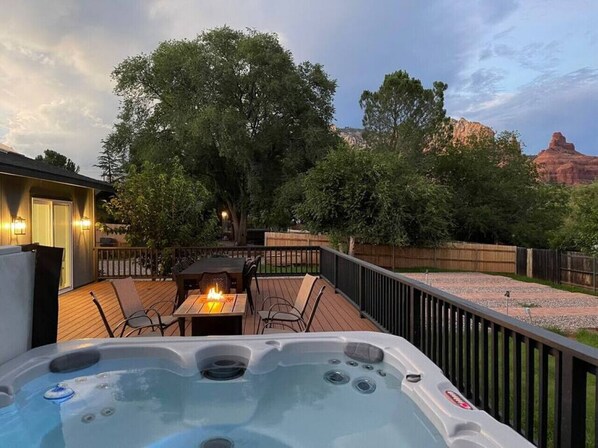 The hot tub is a great way to enjoy the outdoors at sunset
