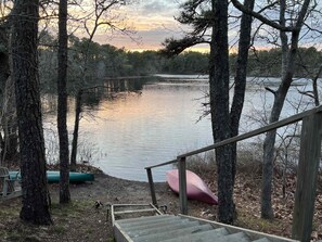 Private beach view in late fall with Canoe and Kayak for guest use