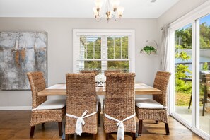 Dining table has seating for 6.