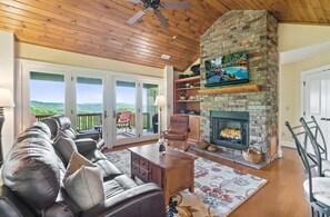 Living Room--- Cozy Fireplace, TV, Mountain View 