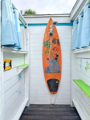 Inside outdoor surfboard shower.