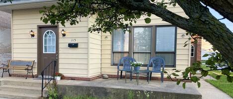 Front exterior of our tree themed house in downtown Arts District, Michigan City