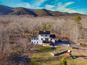 Drone view of the house, forest on the back .