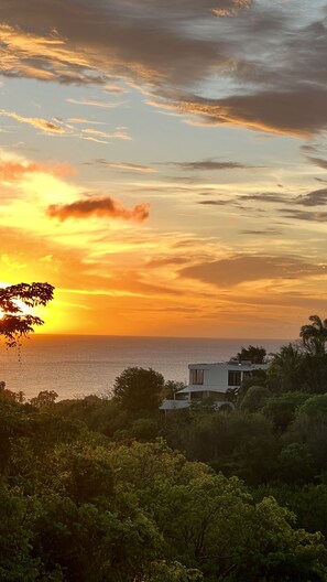 A view of the villa at sunset