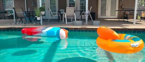 Lots of pool floats for you to enjoy! Our pool is also heated which is great during the winter months!