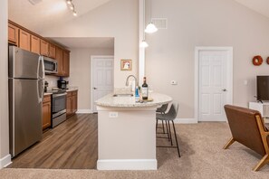 The counters offer plenty of seating and work space. 