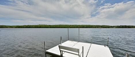 Clear water with a sandy bottom and an excellent dock area for your boat