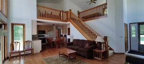 Great Room view of loft area and kitchen