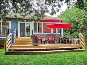 West facing lakeside deck and outdoor dining area