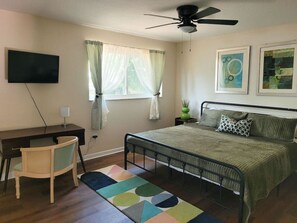 The private bedroom consists of a large and comfy King mattress, a 30" smart tv, large oversized closet for storage and a private bathroom attached.