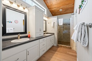 Double vanity sink and walk in shower
